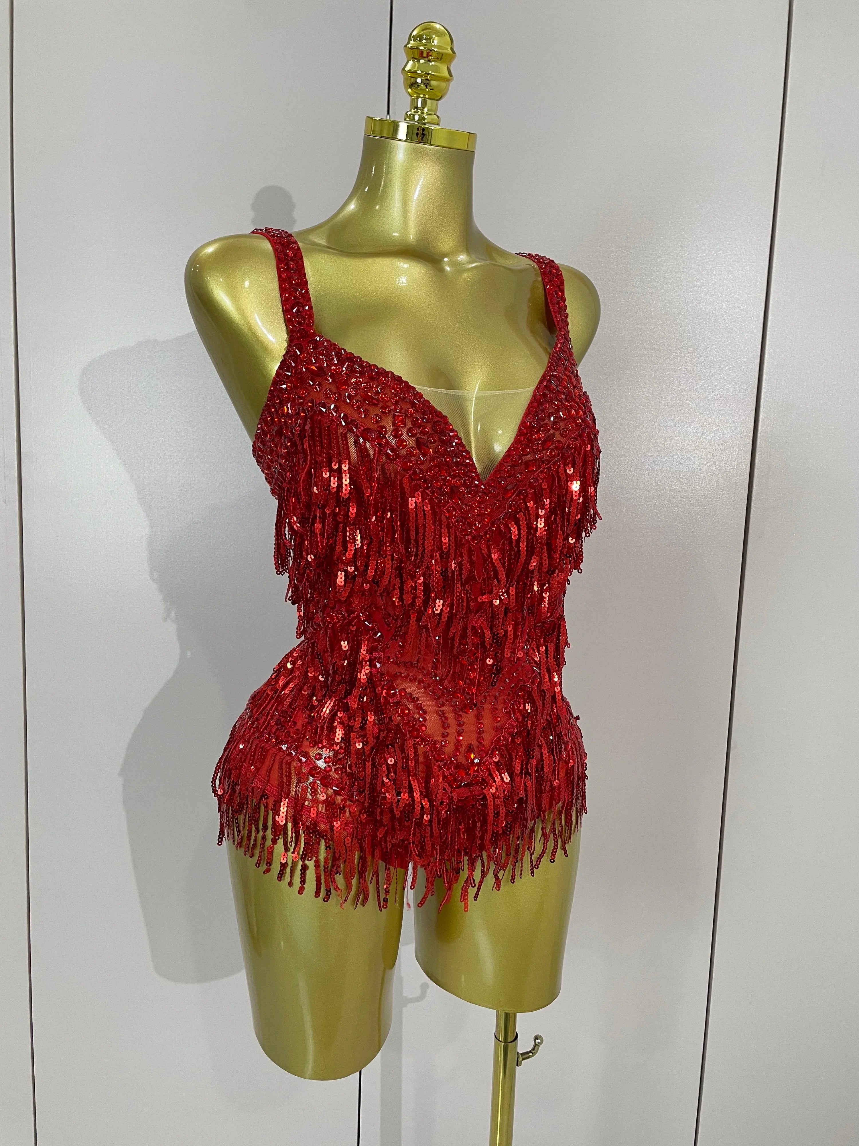 Rhinestone Sequin Tassel Bodysuit | Red & Silver | S–XL