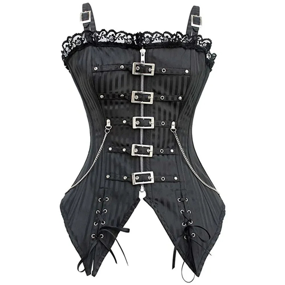 Striped Gothic Corset Top | Lace Overlay & Buckles