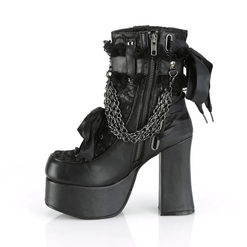 Gothic Chain Platform Ankle Boots | Lace-Up & Bow | Black & Red
