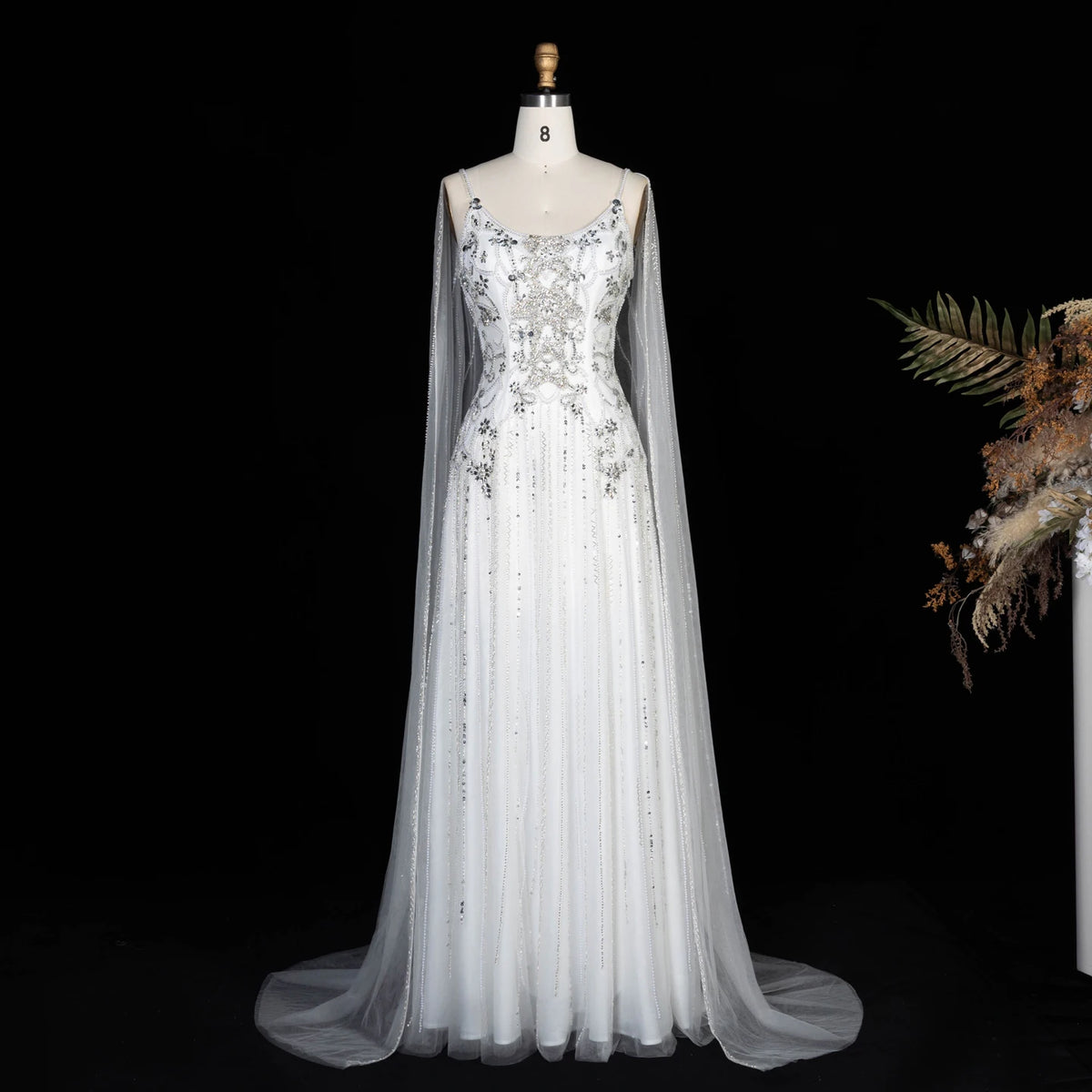 Crystal Beaded Cape Gown | Floral Bodice | Champagne & White