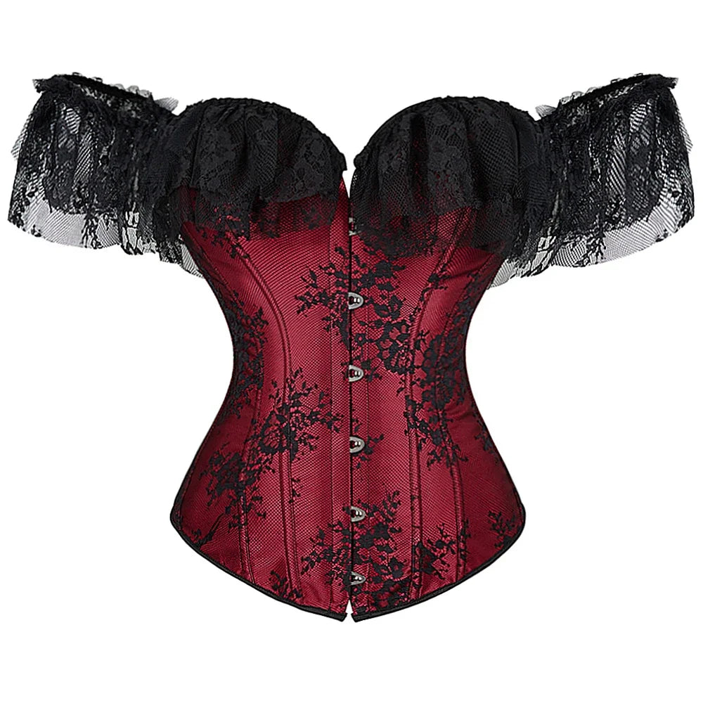 Off-Shoulder Satin Corset | Lace Ruffle Sleeves | Gothic Victorian