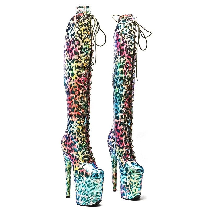 8-Inch Shiny Leopard Platform Boots with Cut-Outs