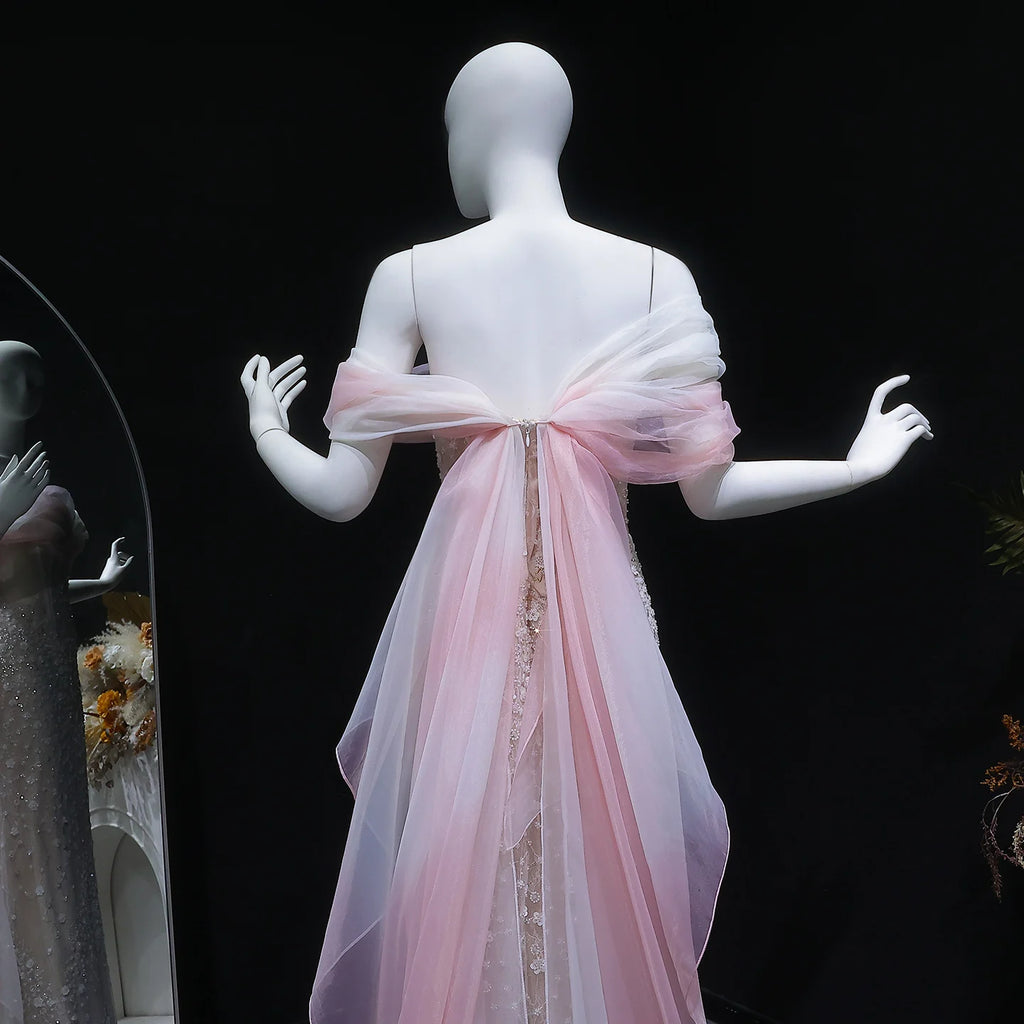 Sequined Off-Shoulder Gown | Cape | Sweep Train