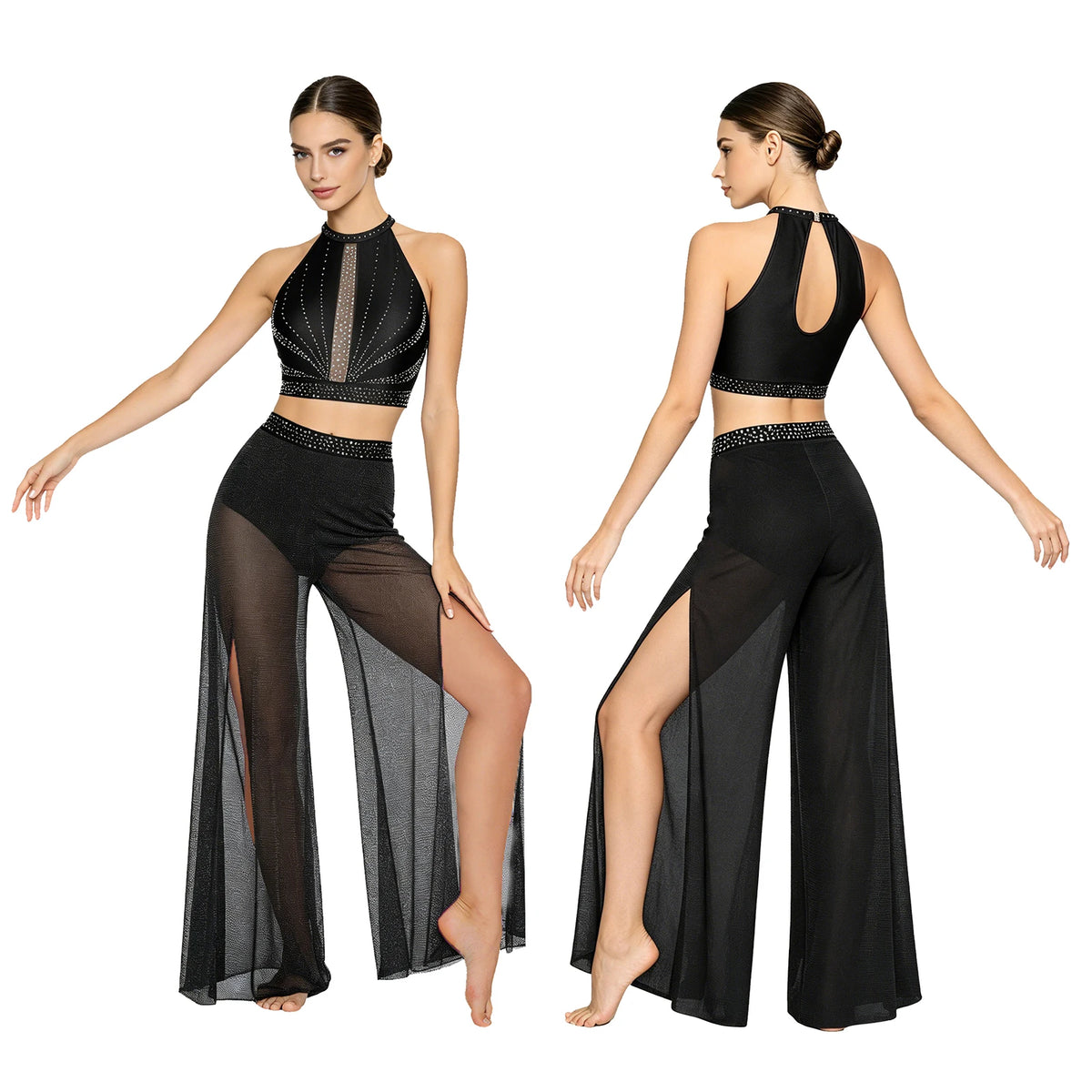Rhinestone Crop Top & Sheer Pants Set | Lyrical Dance | Built-In Brief