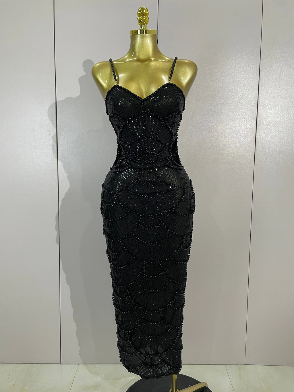 Pearl Beaded Sequin Bodycon Dress | Spaghetti Strap | Stage