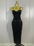 Pearl Beaded Sequin Bodycon Dress | Spaghetti Strap | Stage