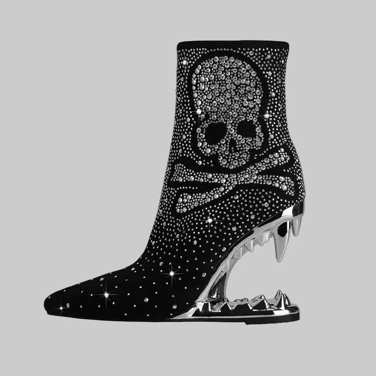 Flame Rhinestone Velvet Ankle Boots - Crystal Wedge Heel Boots