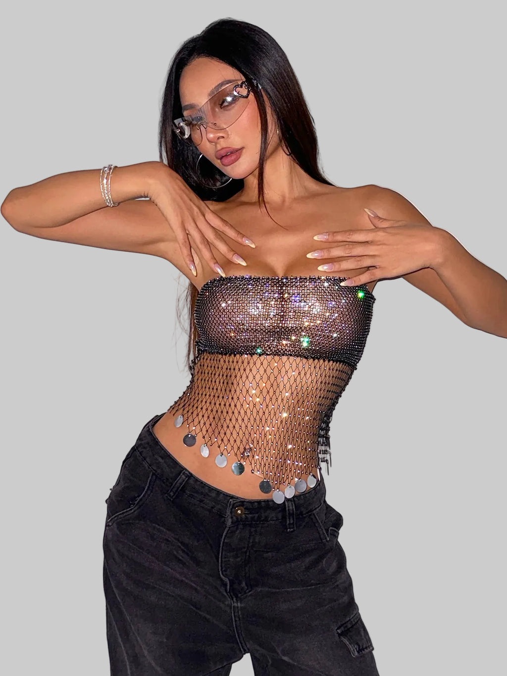 Rhinestone Fishnet Sequin Tassel Camisole - Sheer Mesh Tube Top