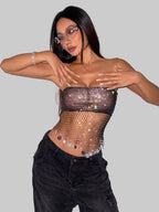 Rhinestone Fishnet Sequin Tassel Camisole - Sheer Mesh Tube Top