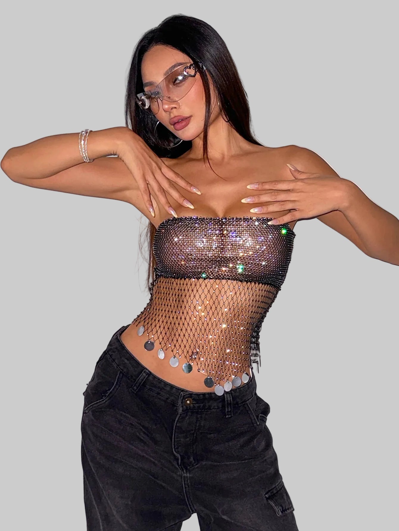 Rhinestone Fishnet Sequin Tassel Camisole - Sheer Mesh Tube Top