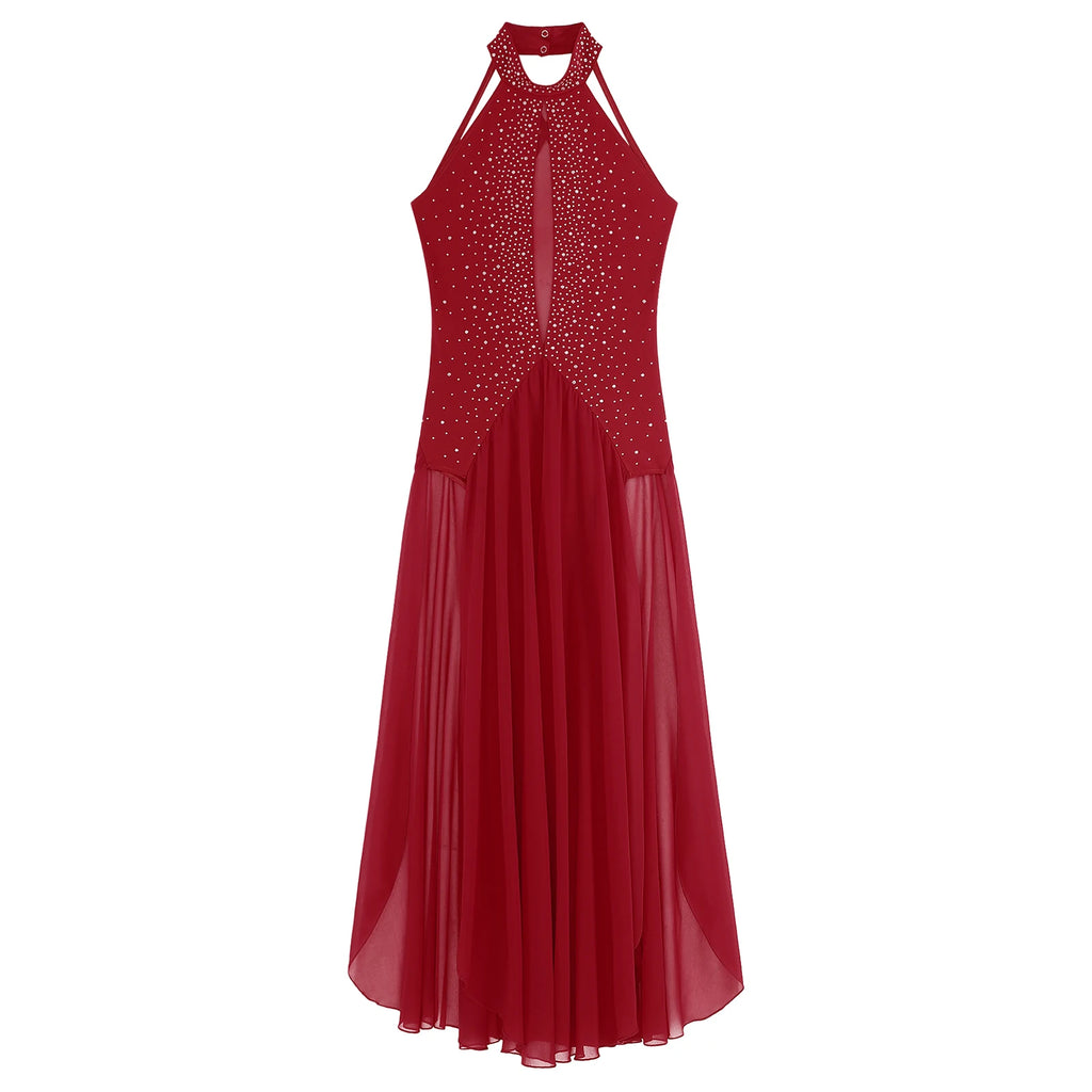 Women's Lyrical Dance Dress | Rhinestone Halter | Strappy Back | 8 Colors