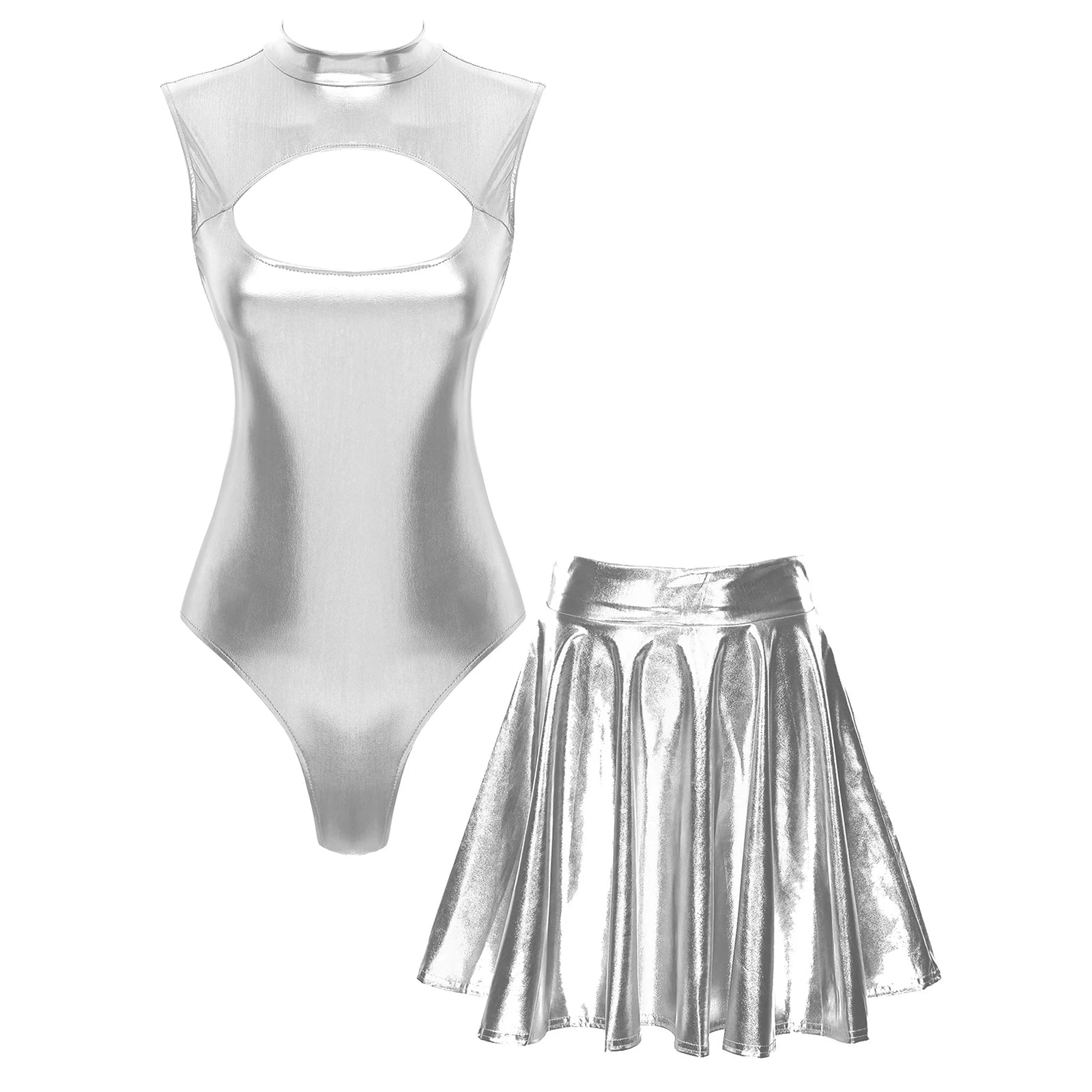 Holographic 2-Piece Set | Cutout Bodysuit + Pleated Skirt