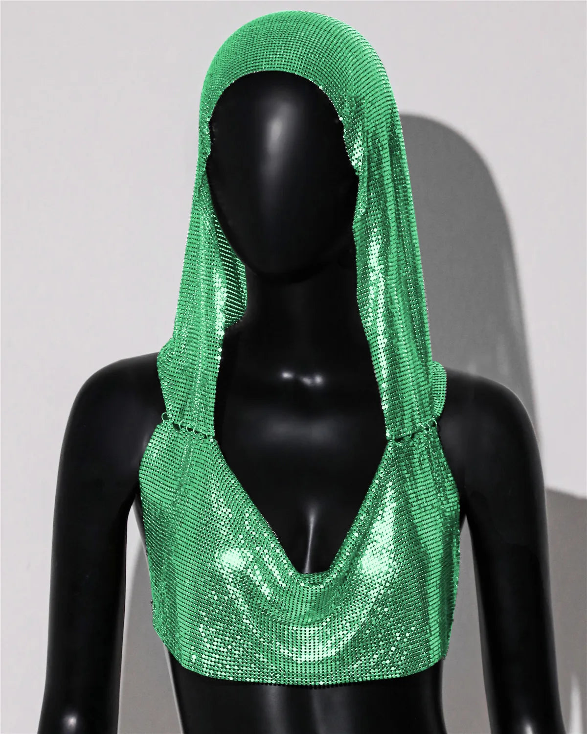Hooded Sequin Crop Top with Deep V-Neck