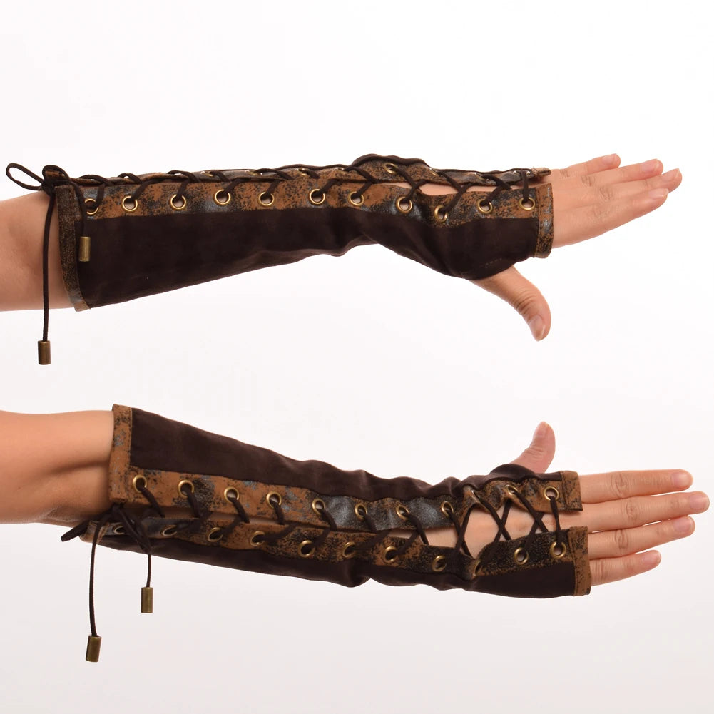 Steampunk Arm Warmers | Lace-Up Fingerless | Elbow Length
