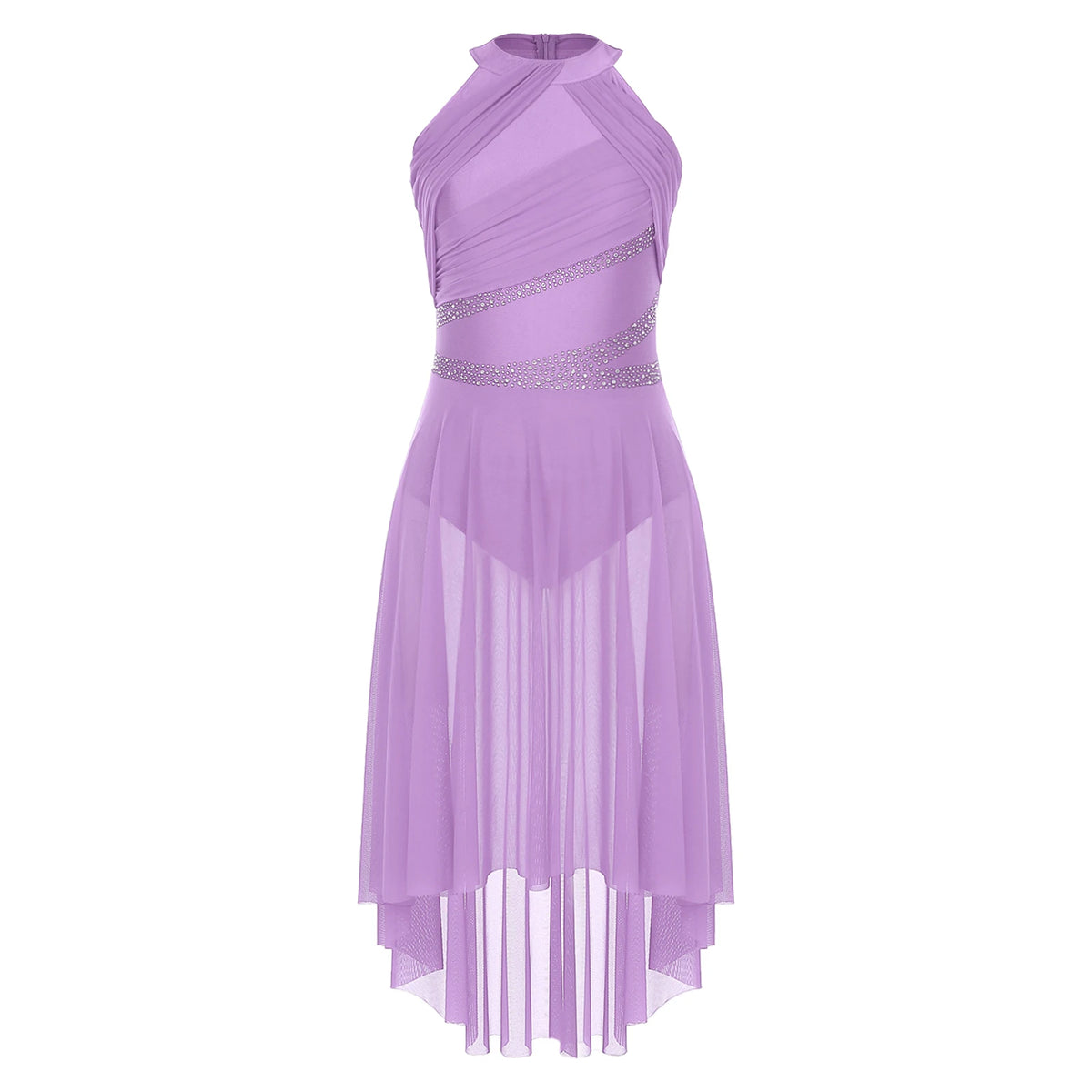 Lyrical Dance Dress | Rhinestone Asymmetric Mesh
