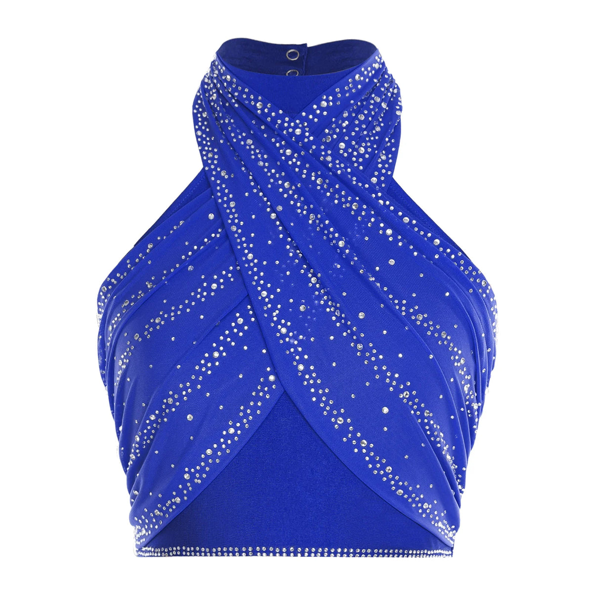 Women's Rhinestone Cross-Halter Dance Crop Top | Backless & Ruched Mesh | Latin & Salsa