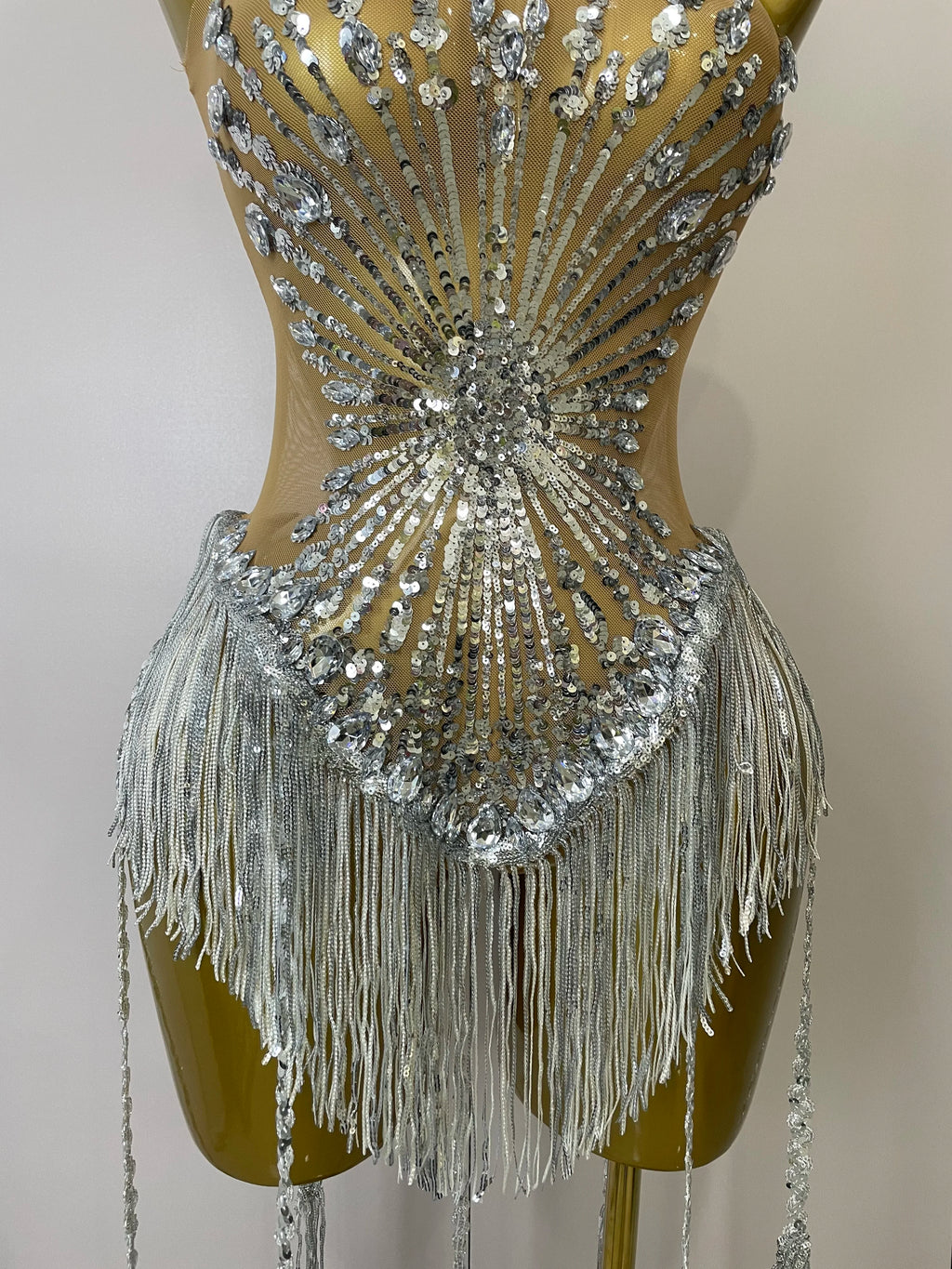 Silver Diamond Tassel Bodysuit | Sequin Mesh | S–XL
