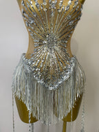 Silver Diamond Tassel Bodysuit | Sequin Mesh | S–XL