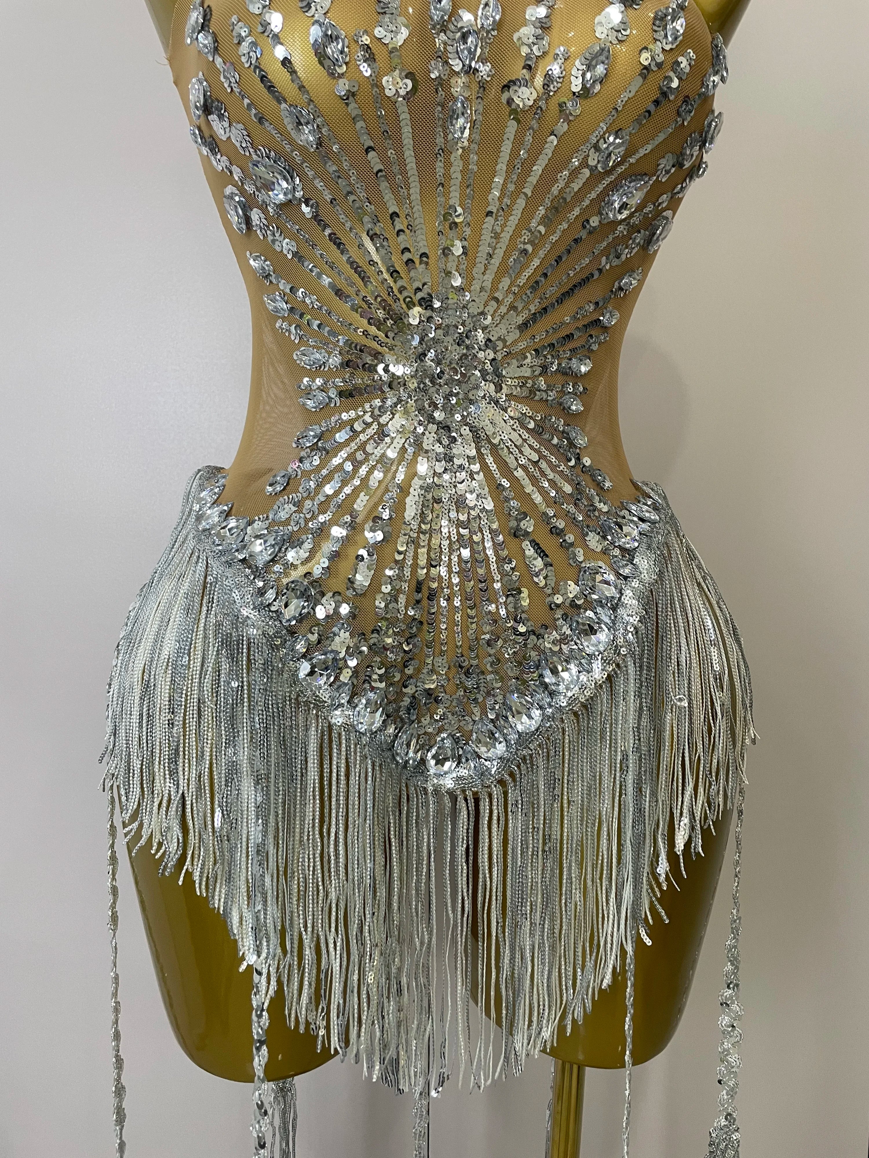 Silver Diamond Tassel Bodysuit | Sequin Mesh | S–XL