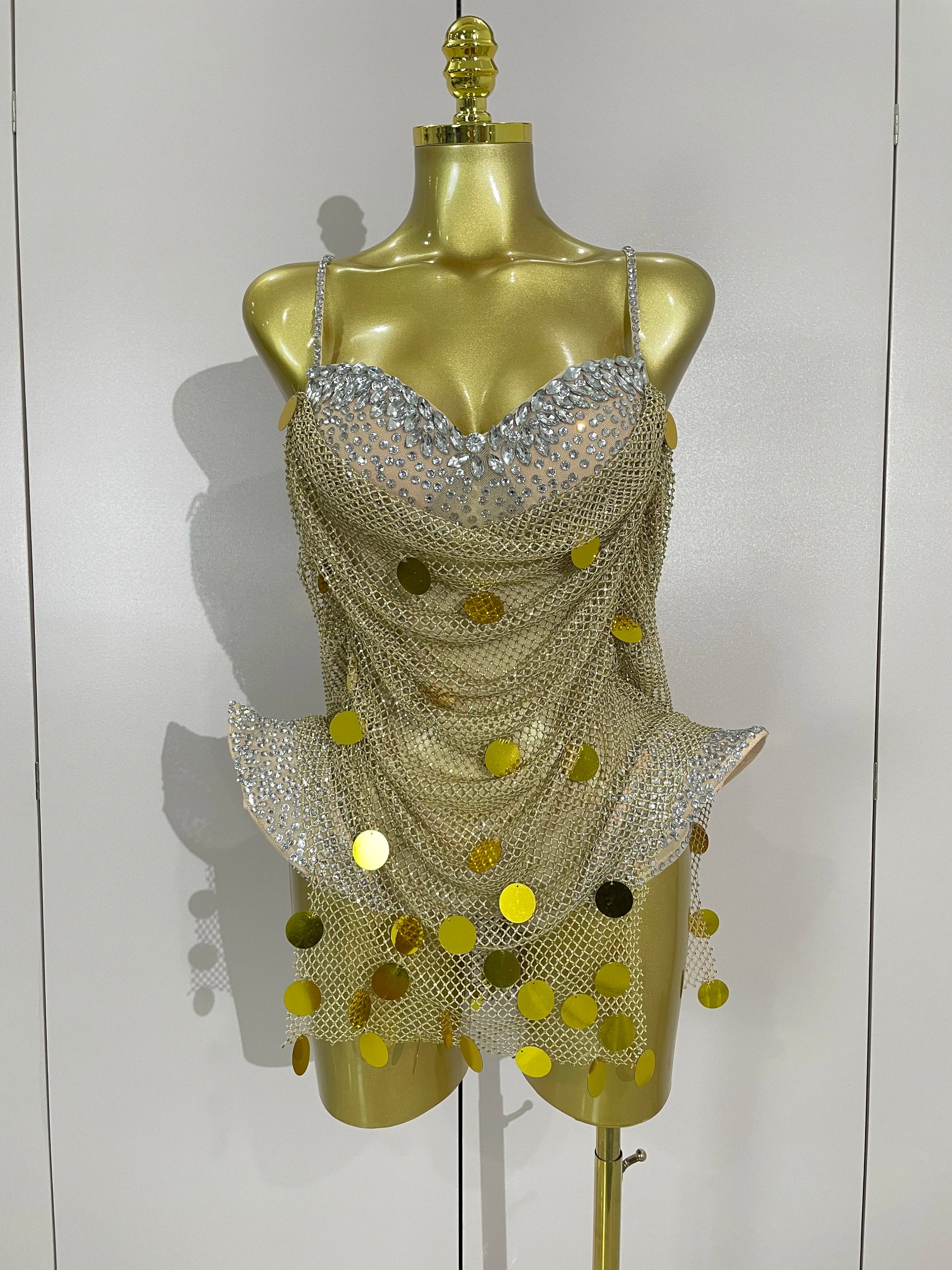 Gold Coin Disc Bodysuit | Rhinestone Chain | S–XL