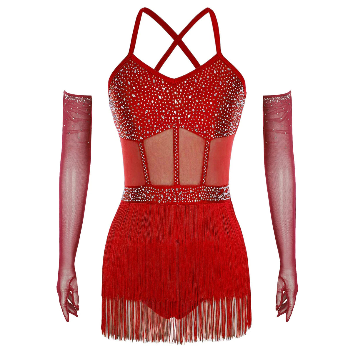 Women's Rhinestone Fringe Latin Dance Dress | Sheer Mesh & Tiered Tassel Skirt | Includes Arm Gloves