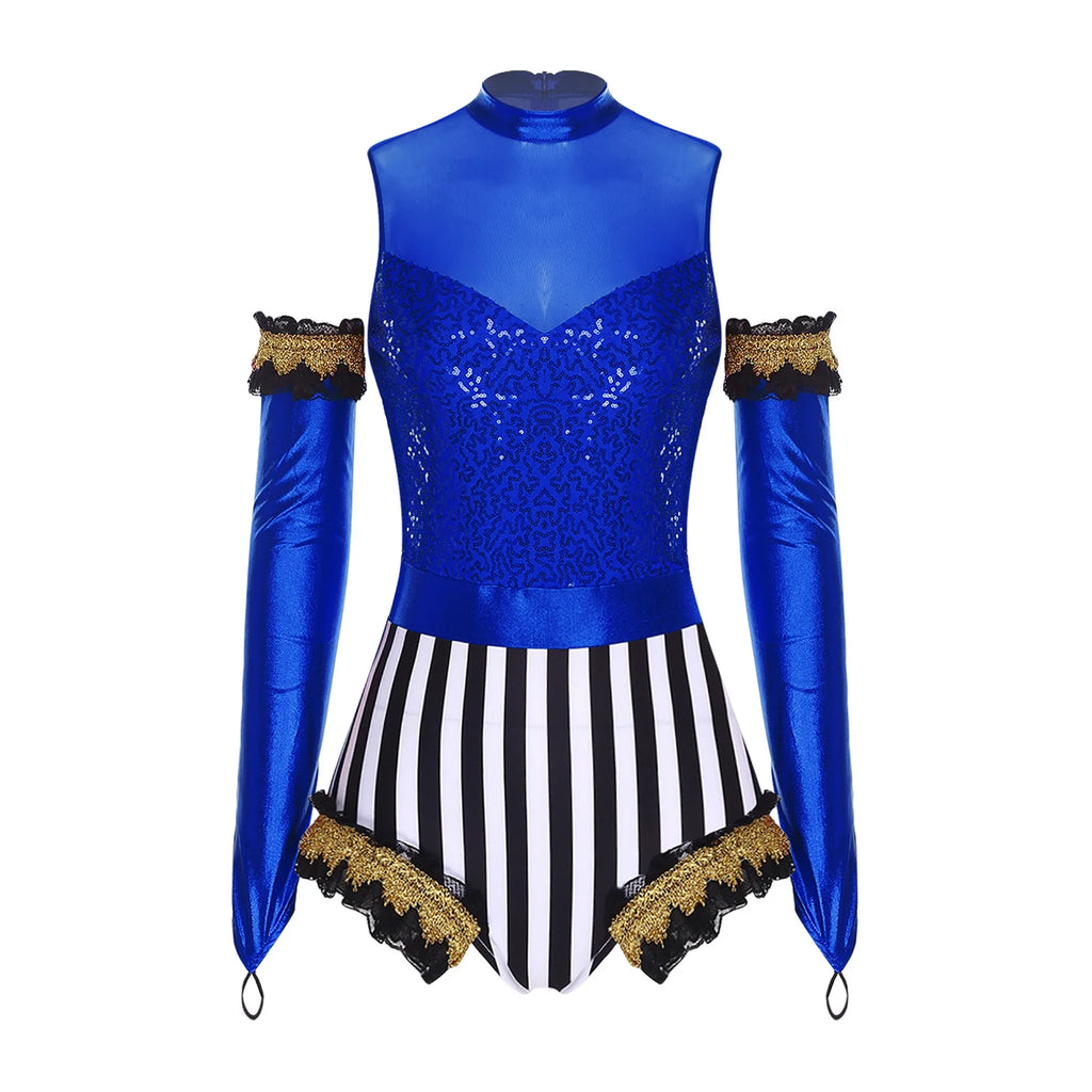 Circus Ringmaster Bodysuit & Gloves Set | Sequin Stripe | Cold Shoulder | Stage Costume