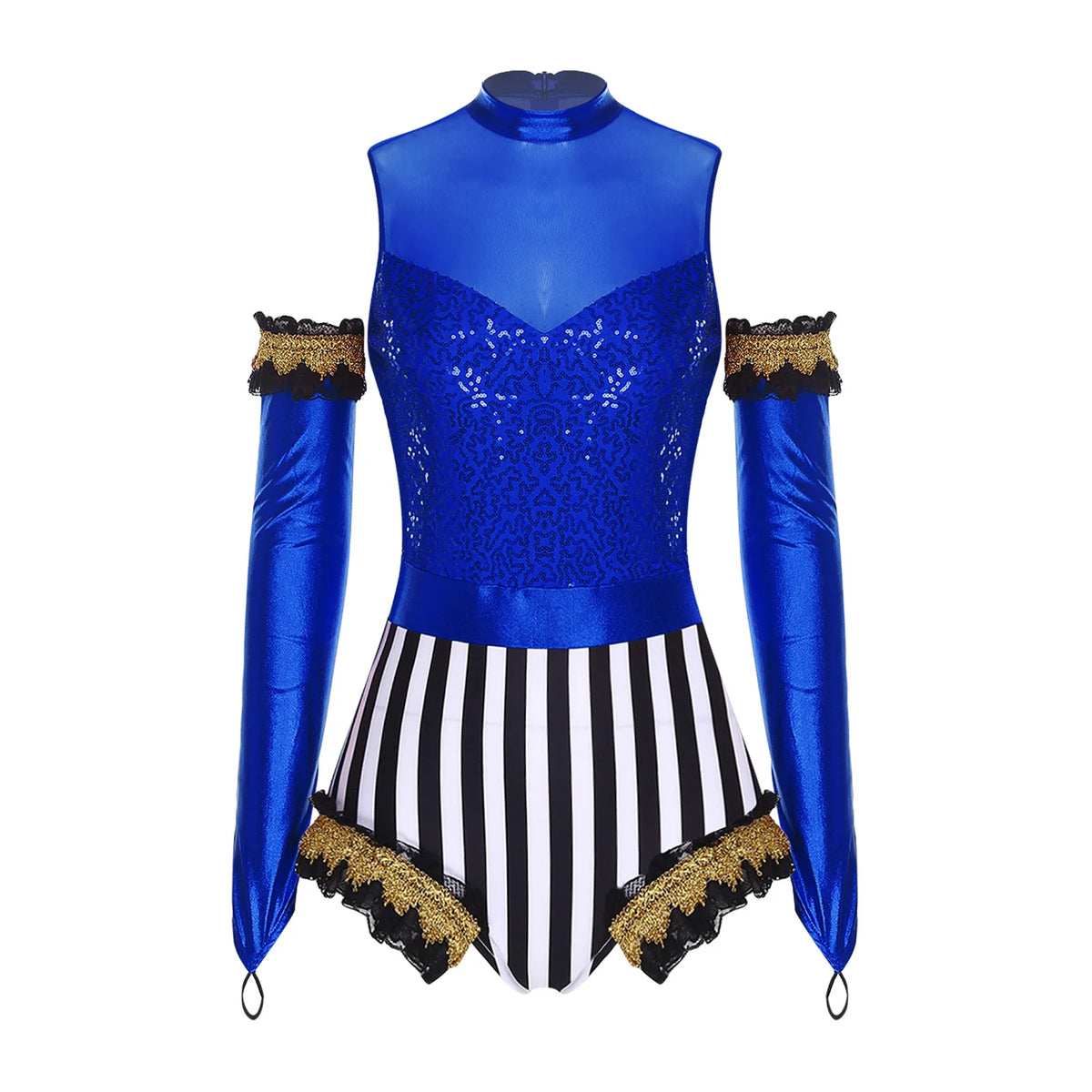 Circus Ringmaster Bodysuit & Gloves Set | Sequin Stripe | Cold Shoulder | Stage Costume