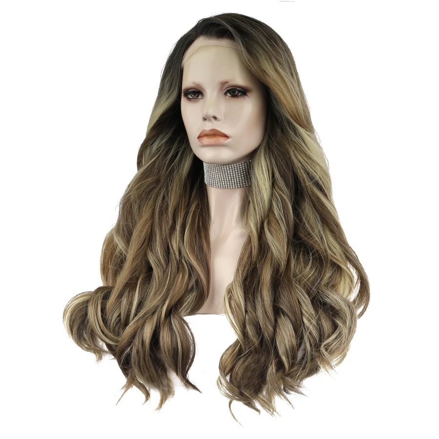 24" Natural Wavy Lace Front Wig – Brown with Dark Roots