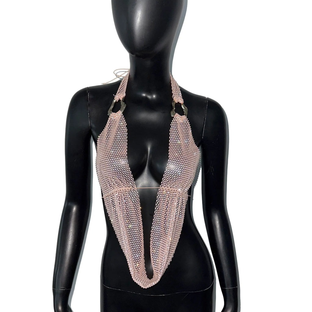 Rhinestone Mesh Halter Crop Top - Sheer Backless