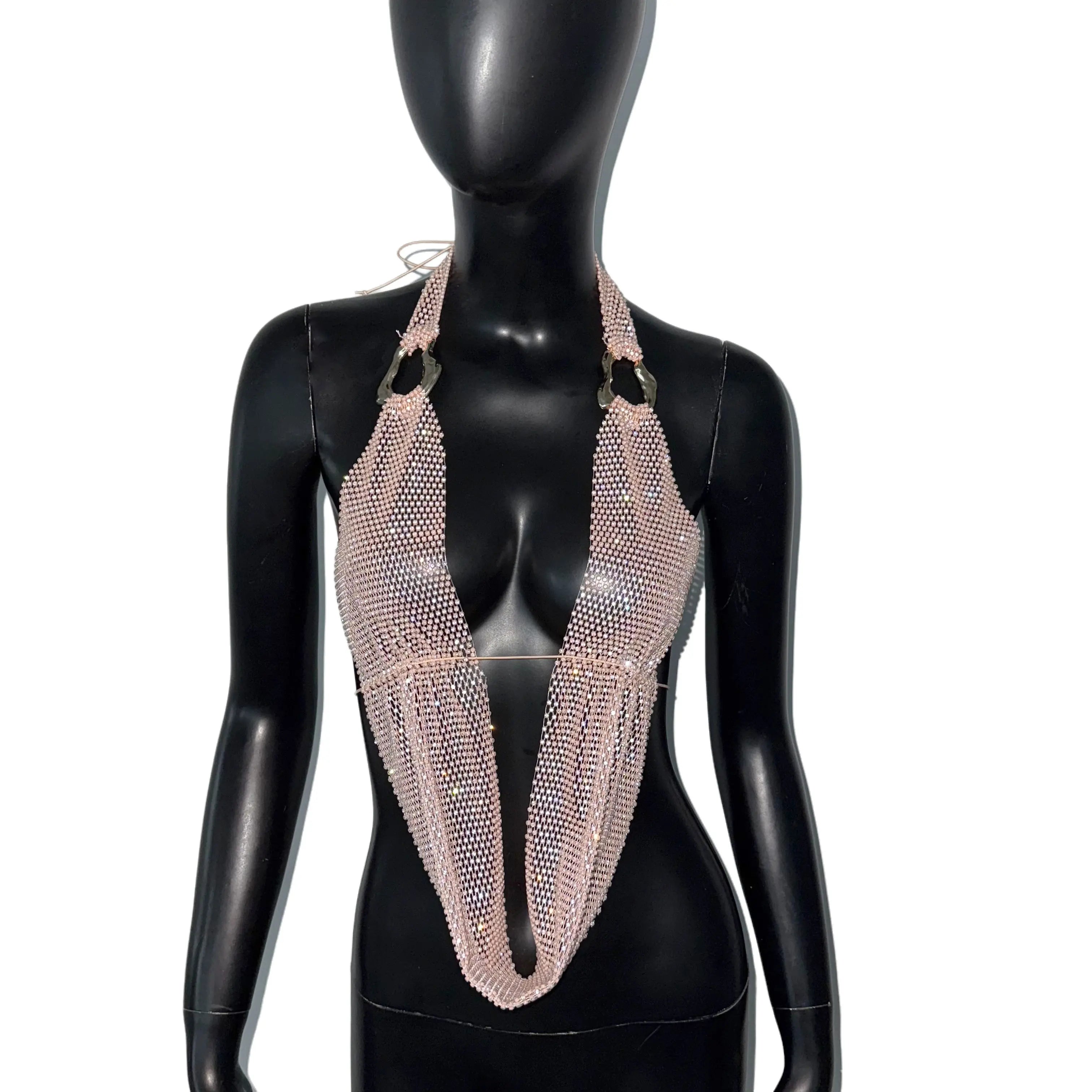 Rhinestone Mesh Halter Crop Top - Sheer Backless