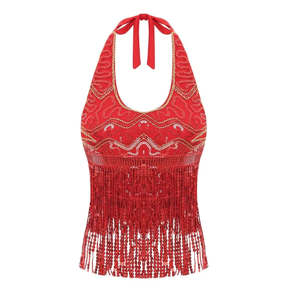 Sequin Fringe Halter Belly Dance Top | Built-In Pads | Festival & Stage | One Size