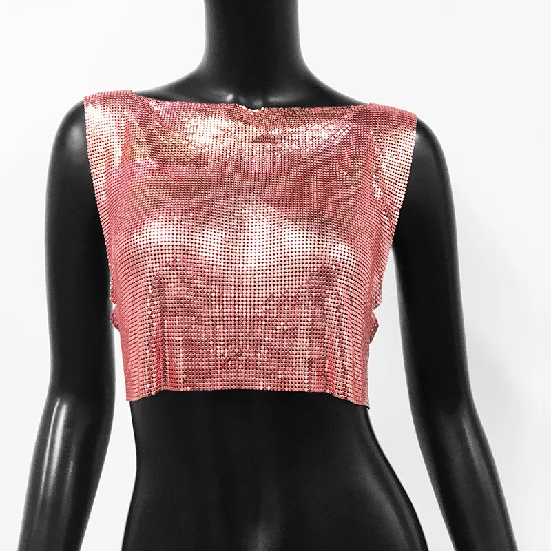 Handmade Metal Sequin Backless Crop Top