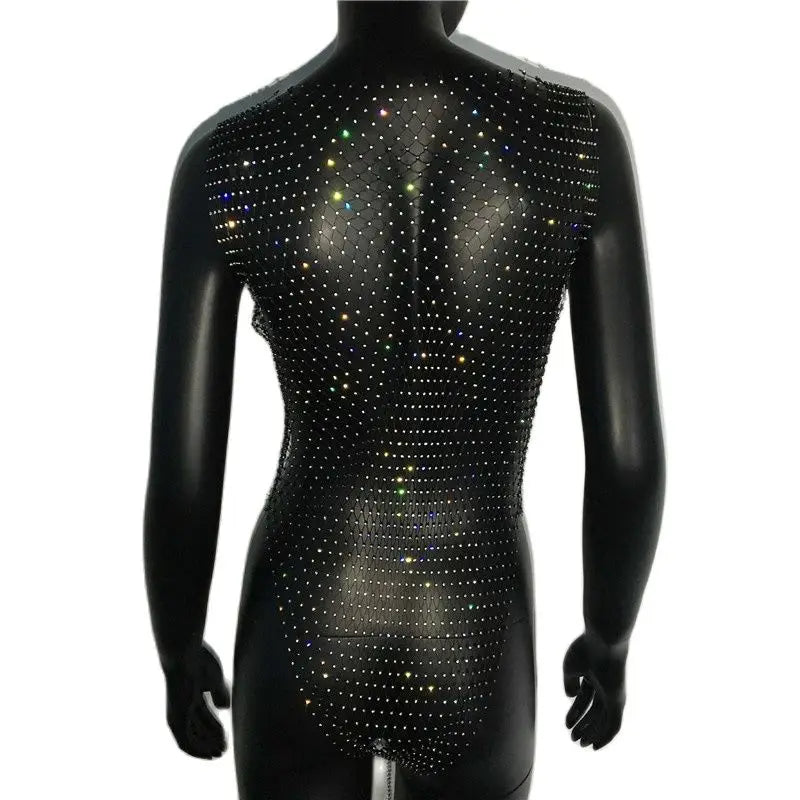 Rhinestone Fishnet Swimsuit Cover-Up - V-Neck See-Through Bodysuit
