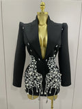 Deep V Blazer Mini Dress | Crystal Fringe Hem | Long Sleeve