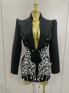 Deep V Blazer Mini Dress | Crystal Fringe Hem | Long Sleeve
