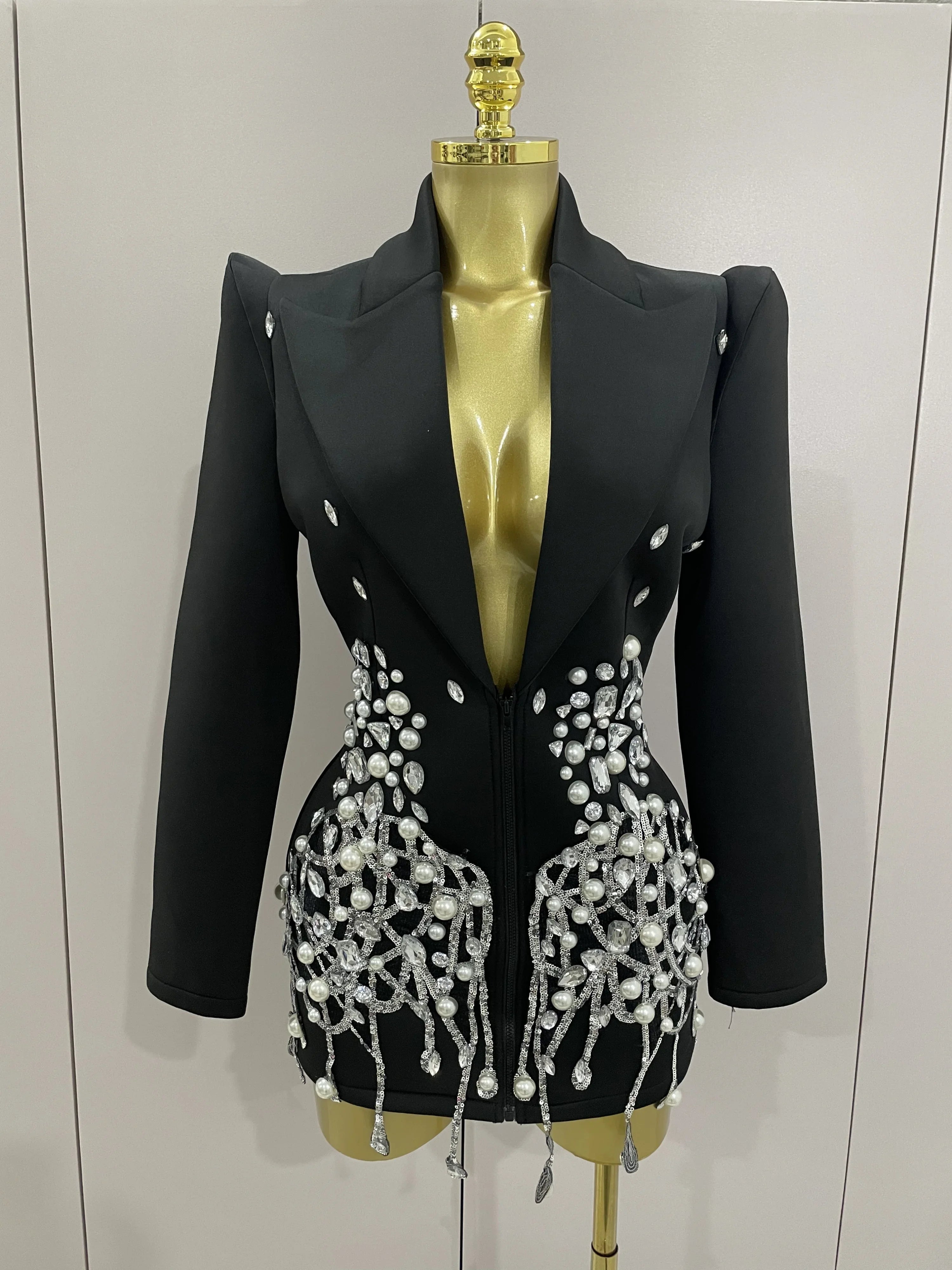 Deep V Blazer Mini Dress | Crystal Fringe Hem | Long Sleeve