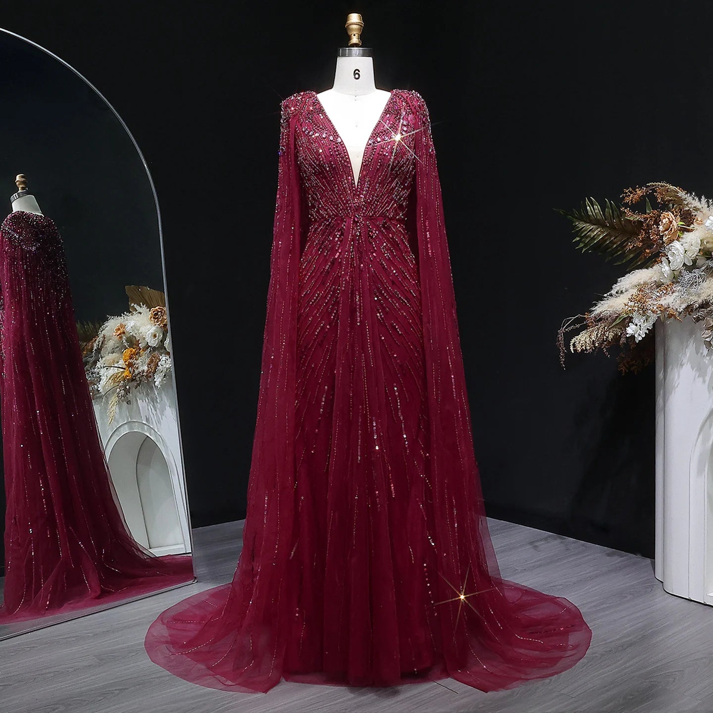 Crystal Cape Pageant Gown | Beaded | Floor-Length