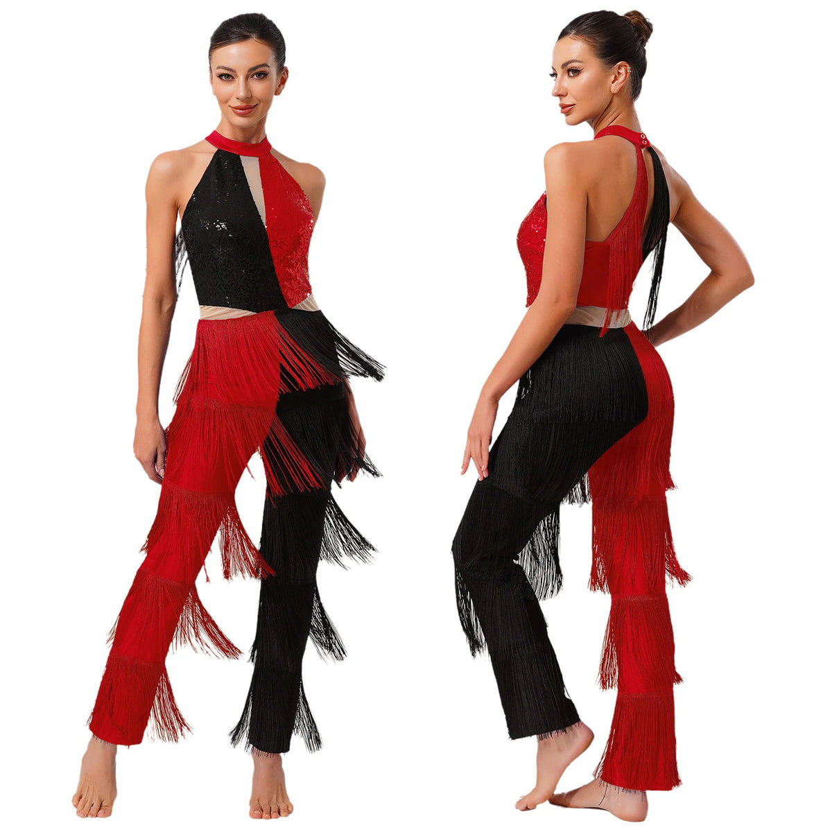 Latin Dance Jumpsuit | Sequin Contrast Fringe