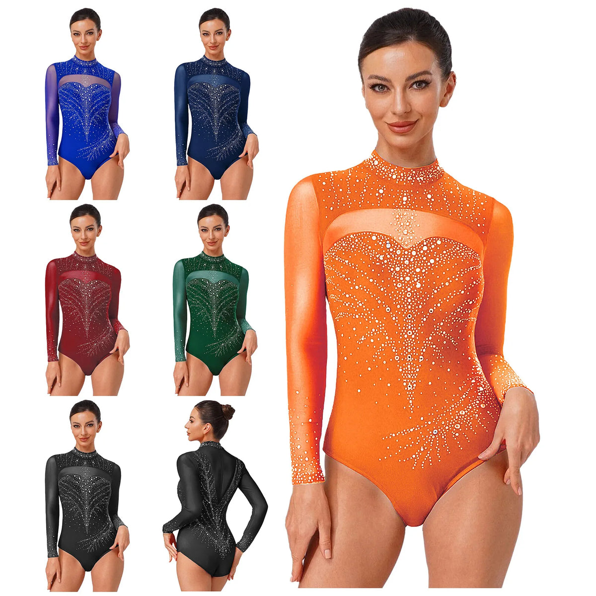 Rhinestone Leotard | Mock Turtleneck & Long Sleeve | Sheer Back