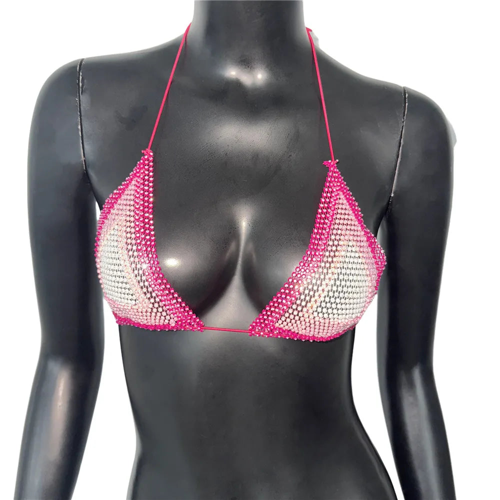 Gradient Rhinestone Mesh Crop Top - Sheer Fishnet Tank