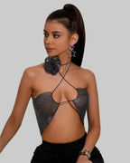 Rhinestone Fishnet Halter Bra with 3D Flower Choker - Gothic Mesh Set