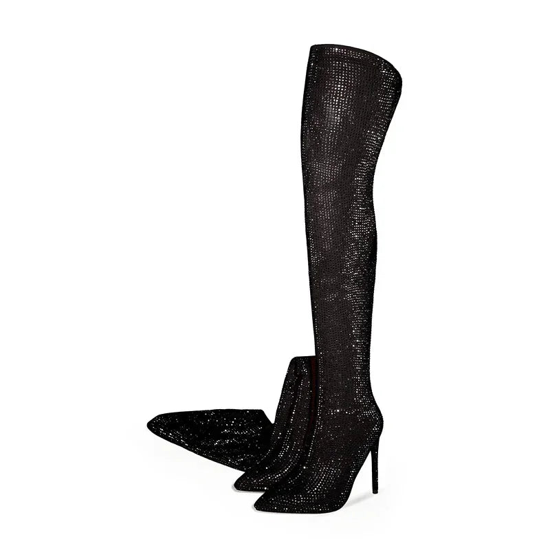 Rhinestone Over-the-Knee Stiletto Boots | Pointed Toe 12cm | 5 Colors