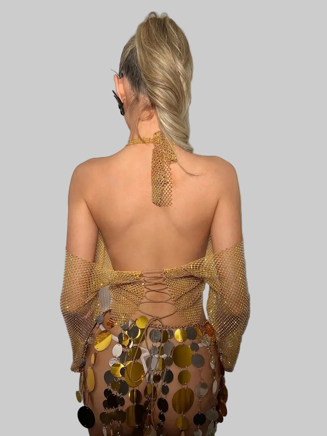 Rhinestone Mesh Crop Top - Off-Shoulder Backless Performance Top