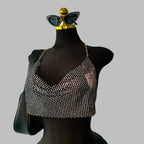 Rhinestone Metal Chain Halter Crop Top - Deep V-Neck Backless Tank for Stage & Festival