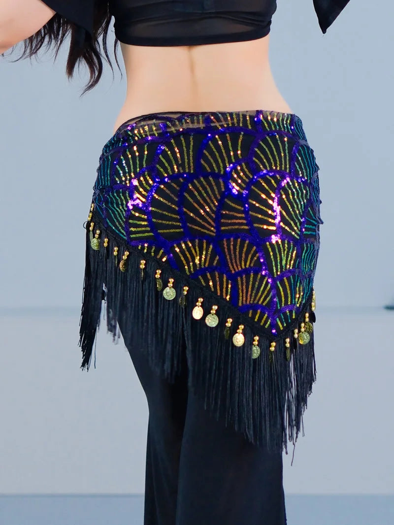 Belly Dance Hip Scarf | Sequin Fringe | Gold Coins