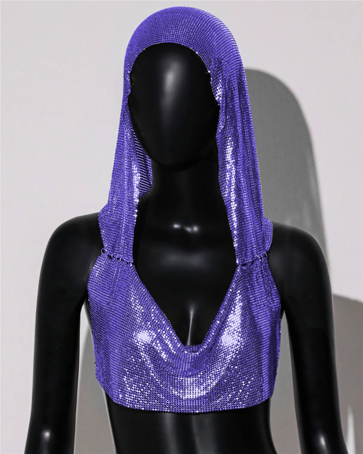 Hooded Sequin Crop Top with Deep V-Neck