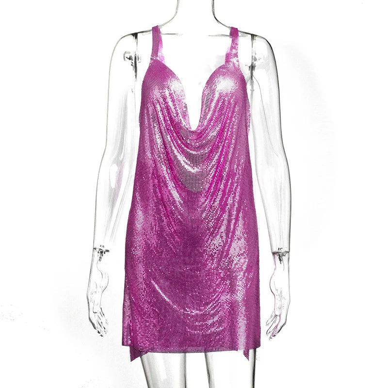 Sparkly Metal Sequin Halter Mini Dress - Backless Side Split Party Dress