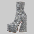 Crystal Platform Ankle Boots - Rhinestone Chelsea Boots with Block Heel
