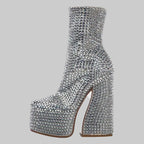 Crystal Platform Ankle Boots - Rhinestone Chelsea Boots with Block Heel
