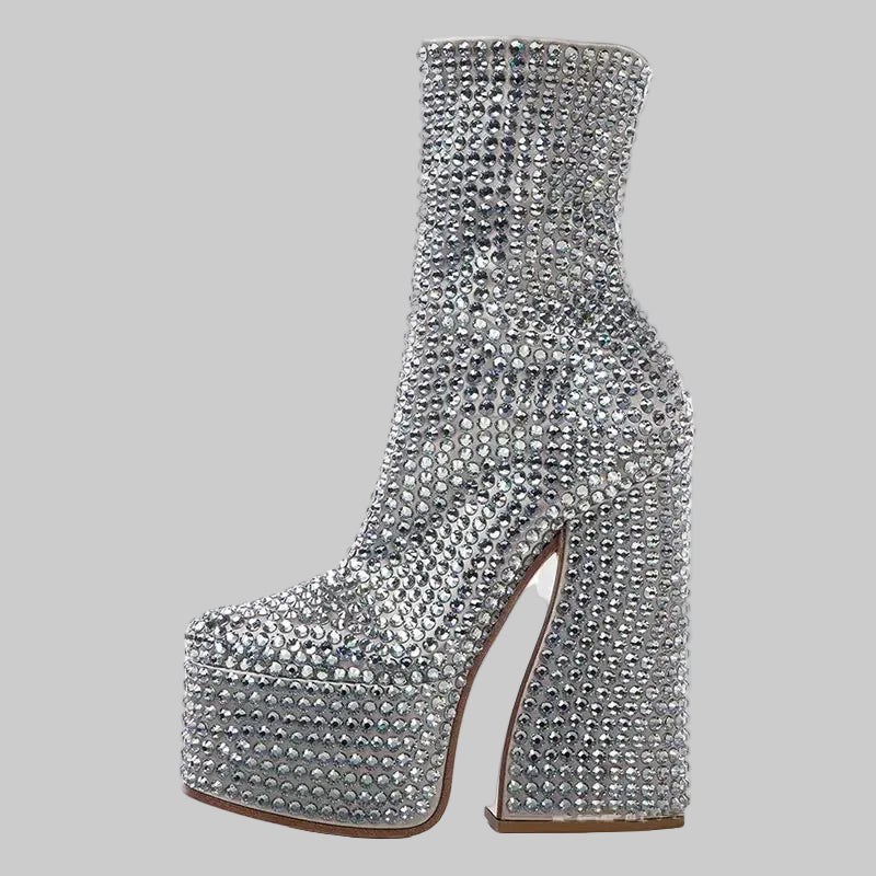 Crystal Platform Ankle Boots - Rhinestone Chelsea Boots with Block Heel